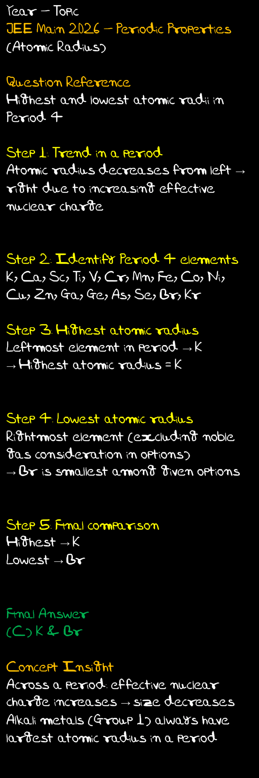 Handwritten solution explaining highest and lowest atomic radii in period 4 for JEE Main 2026 question