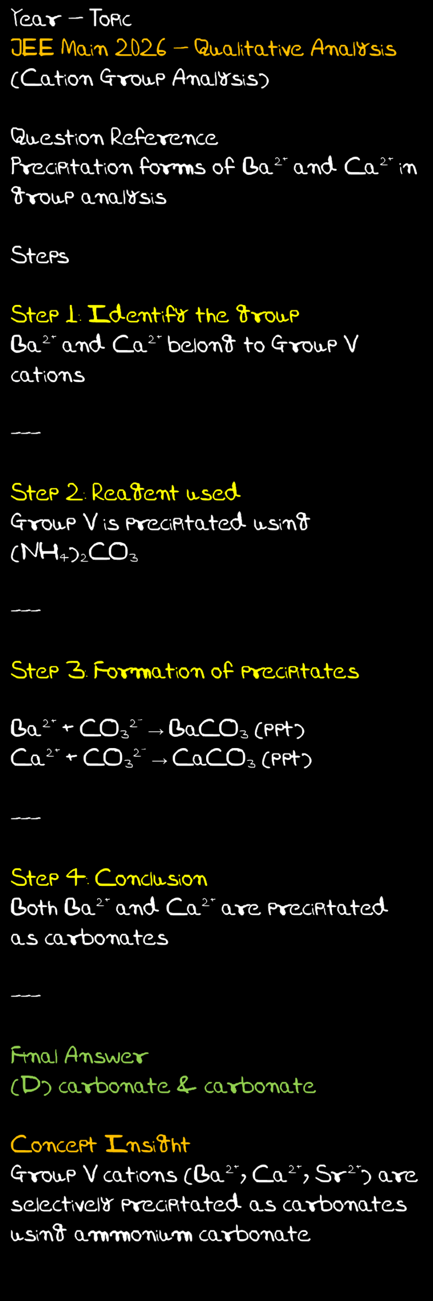 Handwritten solution explaining precipitation of Ba2+ and Ca2+ in salt analysis for JEE Main 2026 question
