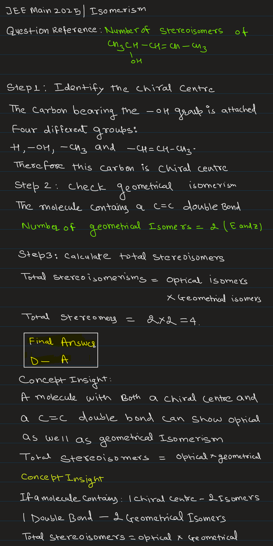 Handwritten solution explaining the number of stereoisomers possible for CH3-CH(OH)-CH=CH-CH3 in JEE Main isomerism question