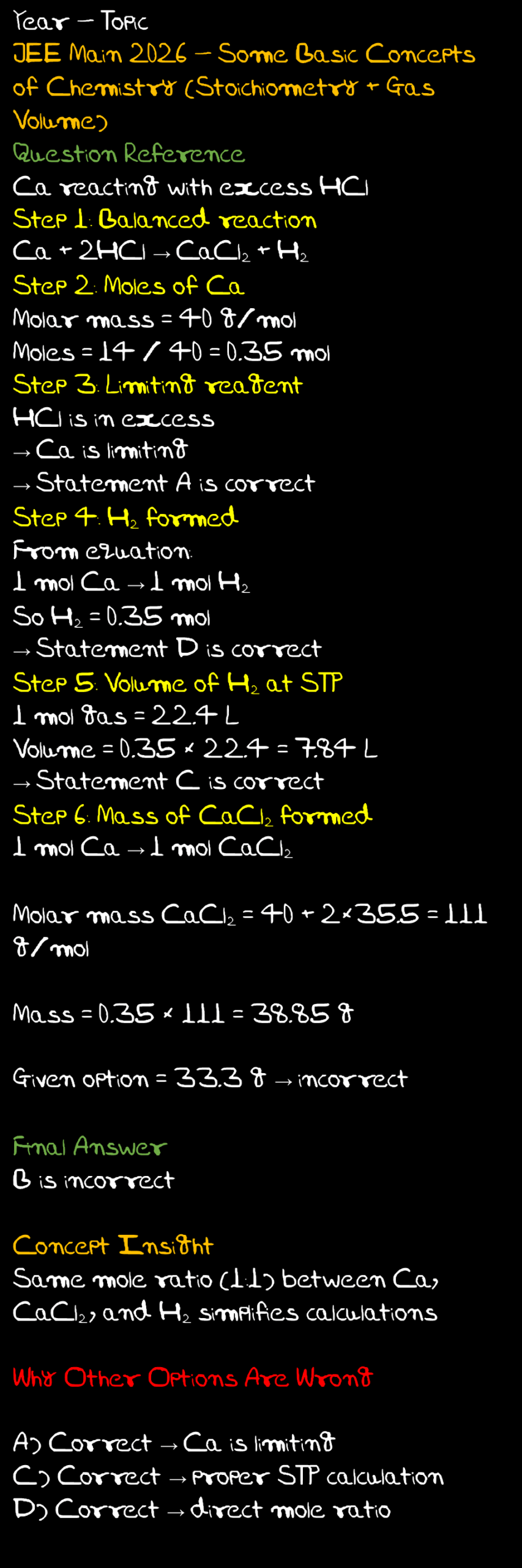 Handwritten solution explaining calcium with HCl stoichiometry, hydrogen volume and calcium chloride mass for JEE Main 2026 Mole Concept question
